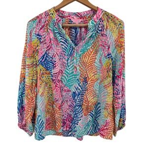 Lilly Pulitzer Elsa Silk‎ Top Blouse Electric Feel Tropical Beach Multicolor S